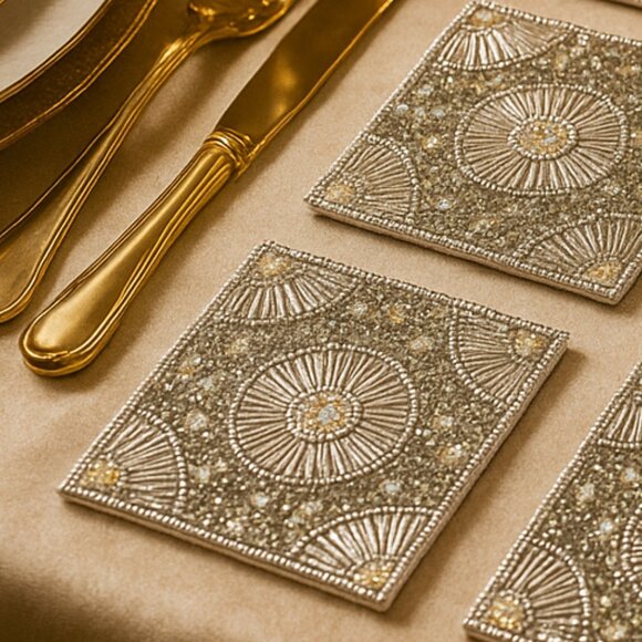 NWOT Set of 8 Silver Bedazzled Coasters in Matching Tray - Picture 6 of 15